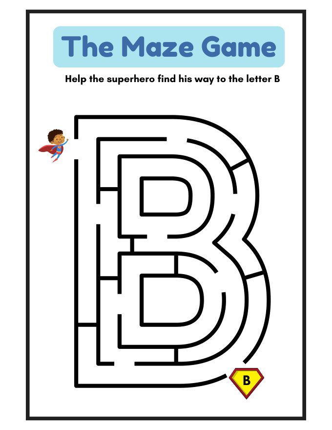 Letter B superhero maze worksheet